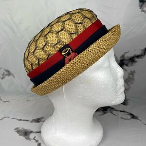 Jan Leslie Vintage Boater Hat Straw Red & Blue Grosgrain Ribbon Band Tassel Net